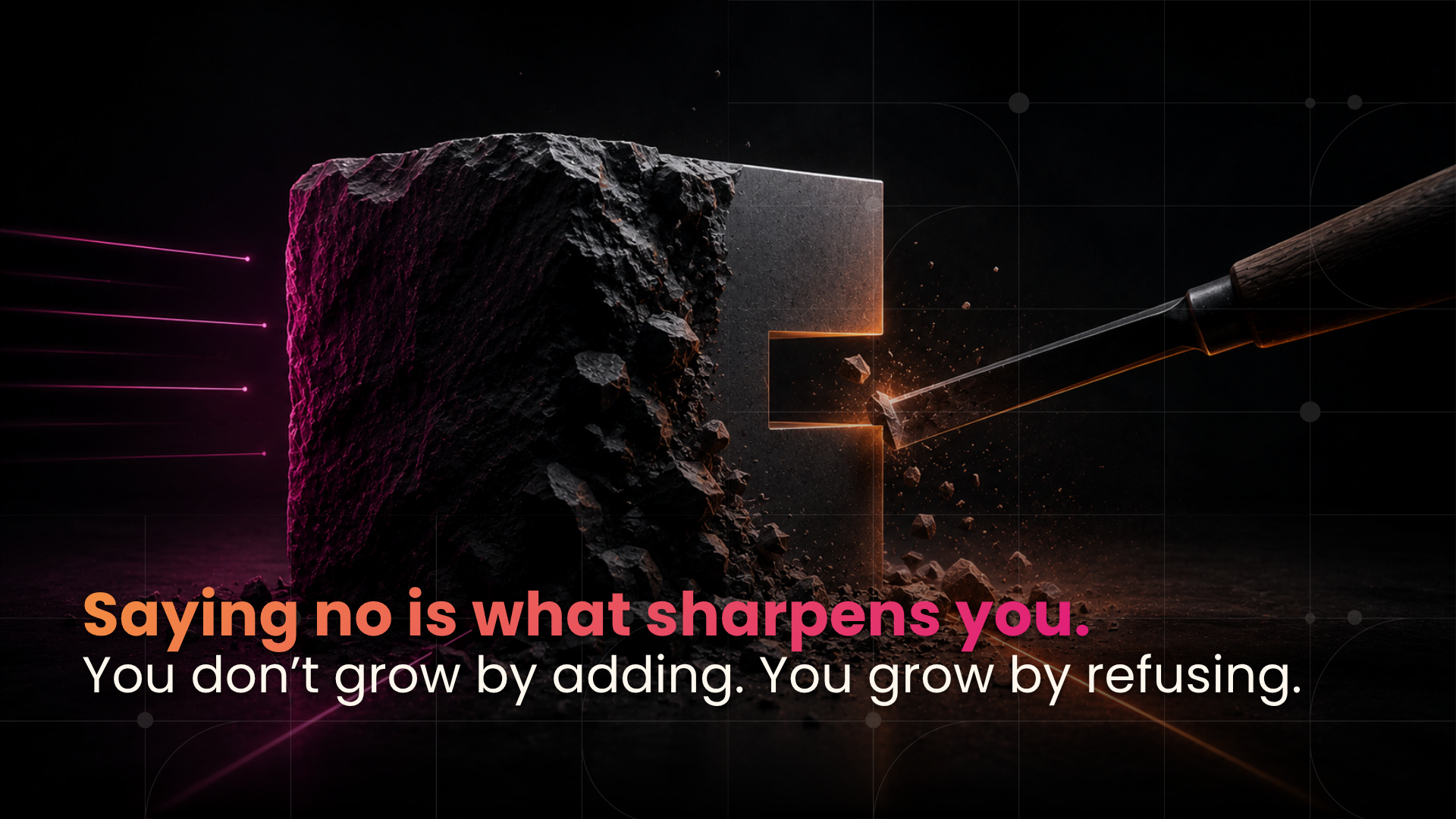 A chisel carving into a dark, textured block shaped like the letter E, with glowing orange light emanating from the carving.