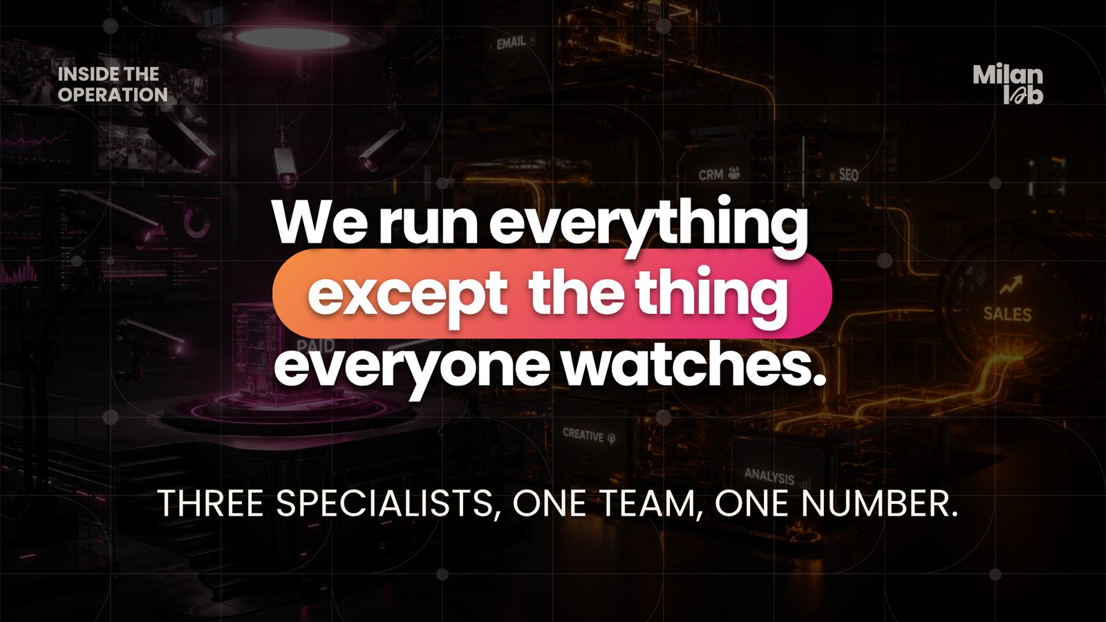 Cover: we run everything for one brand except the thing everyone watches. Three specialists, one team, one number.