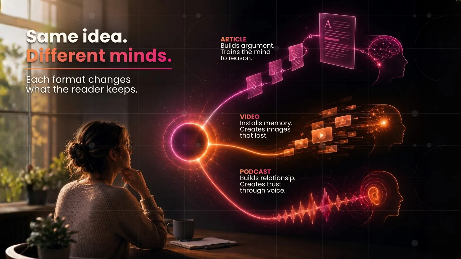 Same idea, different minds, article builds argument, video installs memory, podcast builds relationship