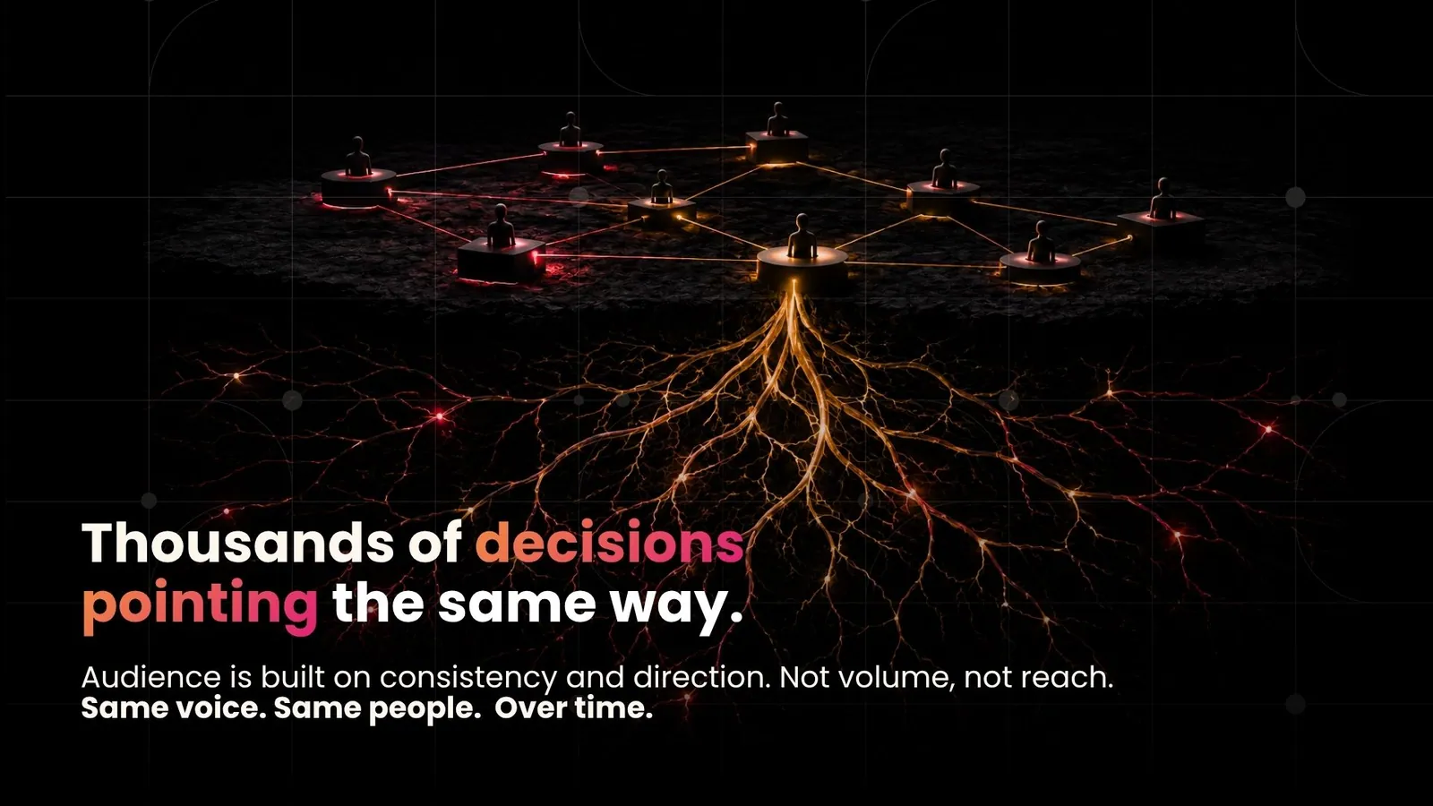 Network of connected nodes branching out from a central root, thousands of decisions pointing the same way