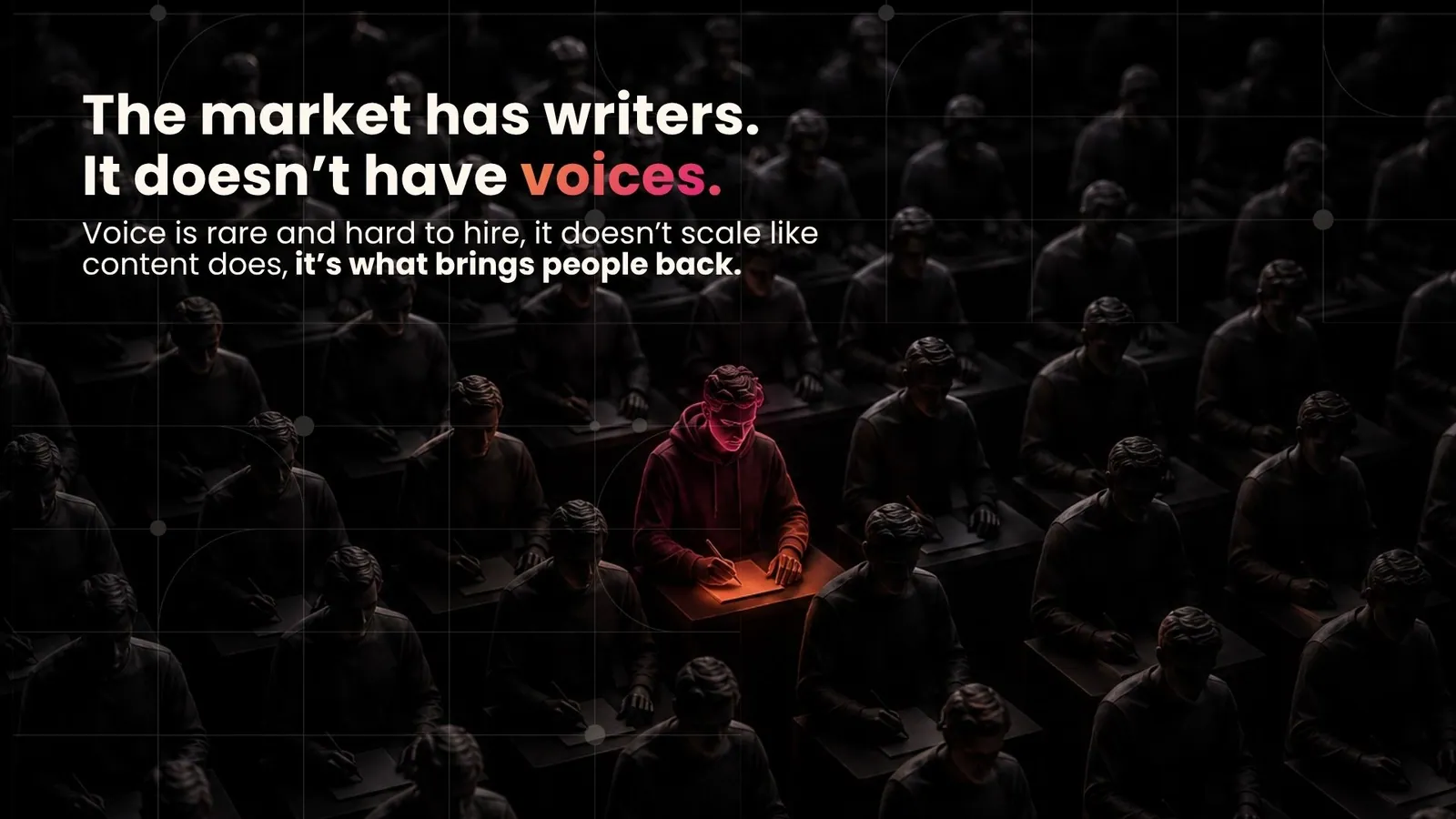 A single illuminated writer in a hooded sweatshirt standing out among rows of identical writers at desks, the market has writers, it doesn't have voices