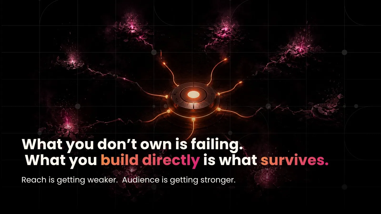 A central core glowing intact while broken outlets shatter around it, what you don't own is failing, what you build directly is what survives