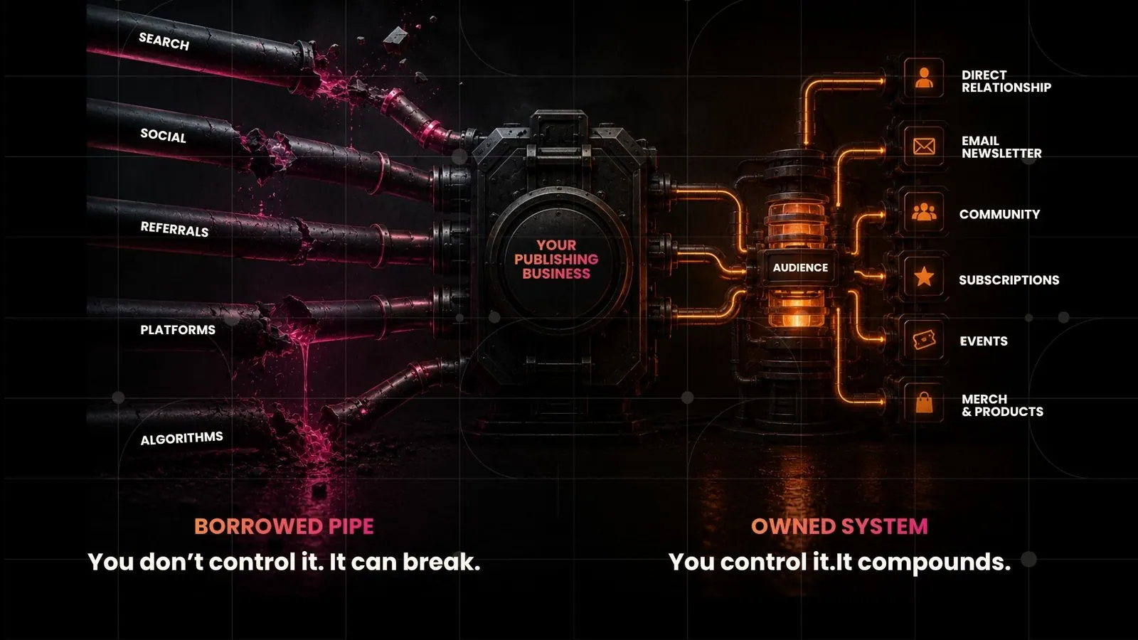 Borrowed pipes from search, social, referrals, platforms and algorithms cracking and leaking on one side, versus an owned system feeding direct relationship, newsletter, community, subscriptions, events and merch on the other
