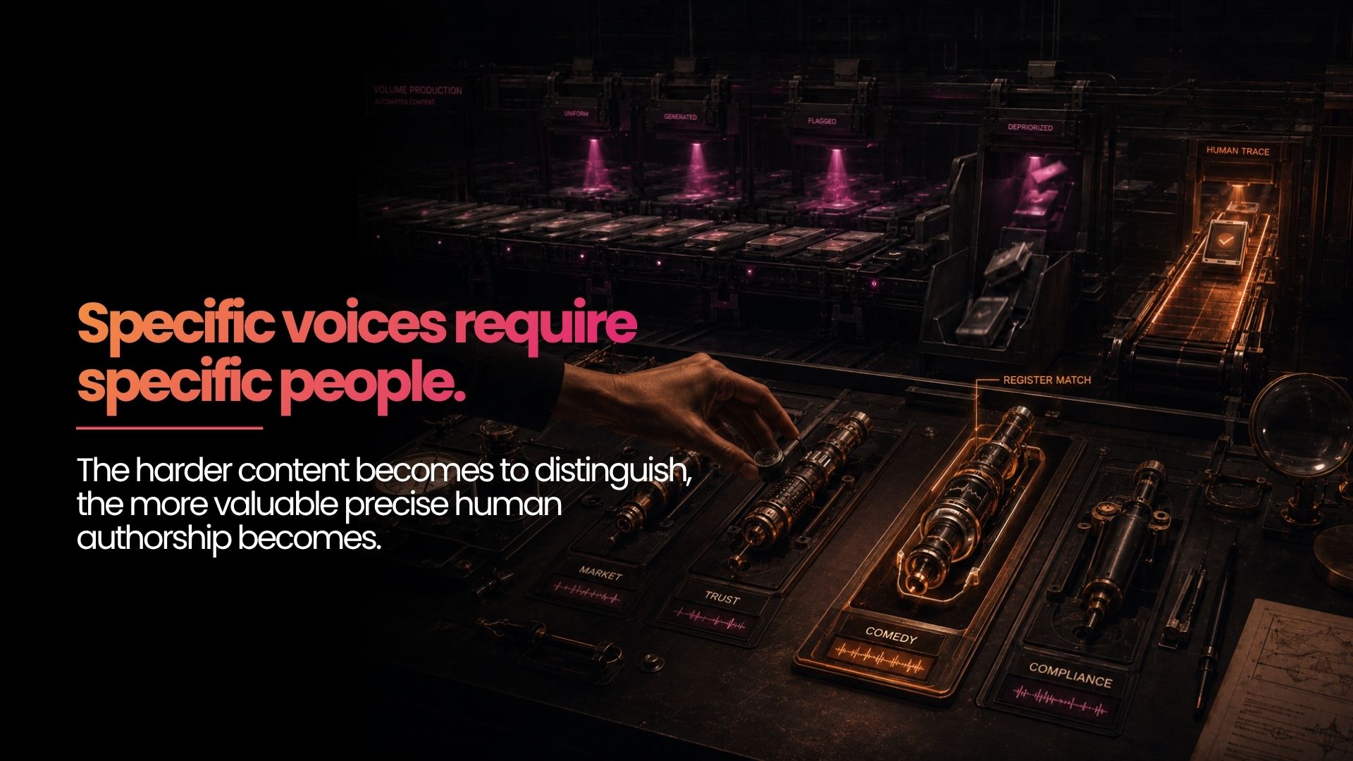 Specific voices require specific people. The harder content becomes to distinguish, the more valuable precise human authorship becomes.