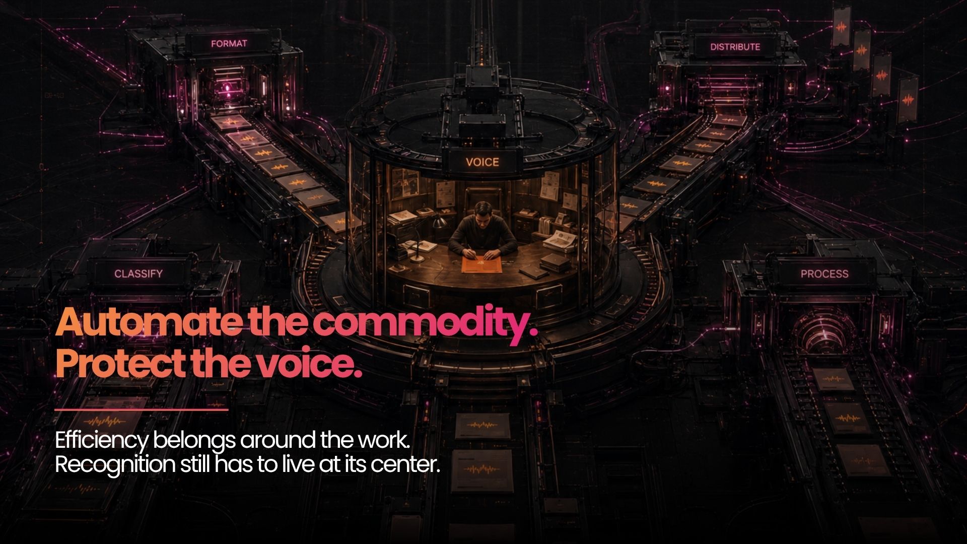 Automate the commodity. Protect the voice. Efficiency belongs around the work. Recognition still has to live at its center.